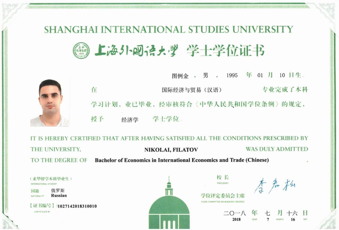 Диплом Shanghai International Studies University